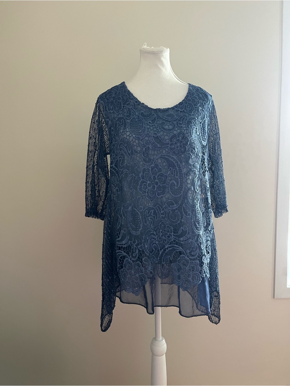 Women's Navy Blue Lace Overlay Tunic Top